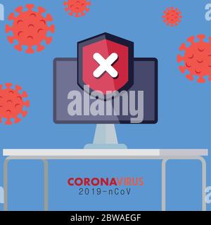 computer with warning notification during covid 19 Stock Vector