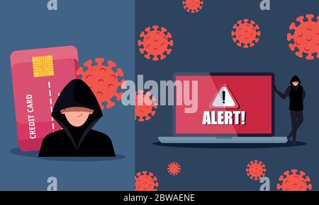 set scenes, hacker with laptop and credit card during covid 19 pandemic Stock Vector