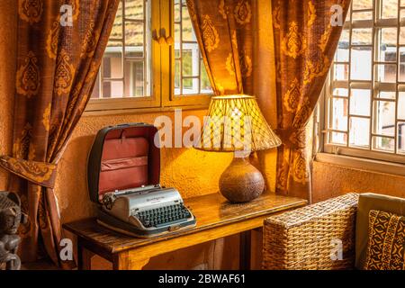 Vintage decoration on a wooden table in a lodge in Ethebe, Uganda. Stock Photo