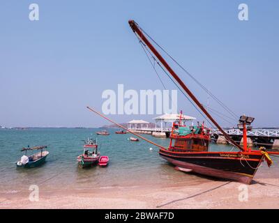 The Asdang Pier at Ko Sichang, an island off the coast of the Chonburi Province in Thailand. Ko Sichang is a centre of commercial shipping in addition Stock Photo