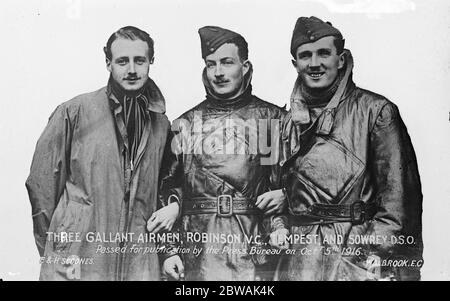 Three gallant airmen Leefe Robinson ( Victoria Cross ) , Lt. Wulstan Tempest , Major Frederick Sowrey D S O William Leefe Robinson VC ( 14 July 1895 - 31 December 1918 ) was the first British pilot to shoot down a German airship over Britain during the First World War. For this he was awarded the Victoria Cross. He died of Spanish flu in 1918 Stock Photo