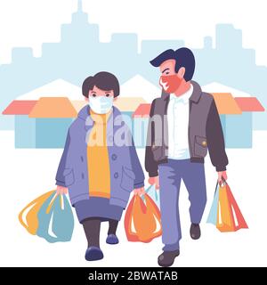 Man and woman go shopping during coronavirus pandemic in medical masks with packages and purchases in hands Stock Vector