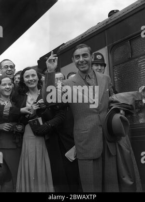 Mr Eddie Cantor , the American entertainer , on his arrival at Waterloo Station , London . 11 July 1938 Stock Photo