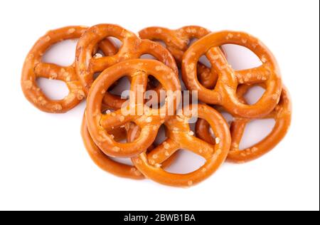 Bretzels cracker isolated on white background. Dry cracker cookies isolated. Salty snacks isolated. Top view. Stock Photo