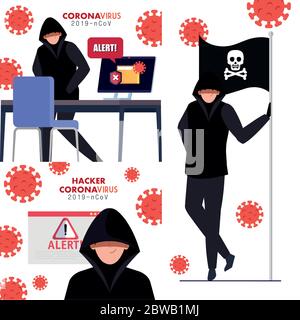 set scenes, hacker with devices electronics during covid 19 pandemic Stock Vector