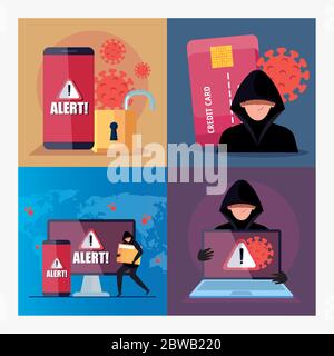 set scenes, hacker with devices electronics during covid 19 pandemic Stock Vector