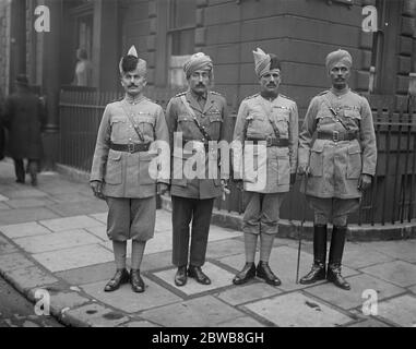 The King 's new Indian Army orderlies arrive in London . The King 's new Indian Army Orderlies photographed at their headquarters on arriving in London . Subadar Major Amin Gul , 2/14th Punjab Regiment . Risaldar Zardad Khan , IDSM , 10th Queen Victoria 's Own Corps of Guides Cavalry . Subadar Yar Ghulam , 4/13th Frontier Force Rifles . Risaldar Major Amir Muhammad Khan , Bahadur , IDSM , OBI , 3rd Cavalry . 4 April 1924 Stock Photo