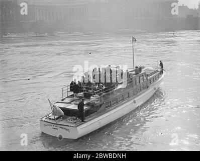 ' Pride of Westminster ' . First of the new water buses , owned by Mr H A Harvey , of Cambridge , commences a Thames service . Scheduled runs to Southend with calls at , Greenwich , Woolwich and Gravesend . She carries a hundread passengers and was designed by Mr Frederick Shepherd , the London navel architect 16 April 1938 Stock Photo