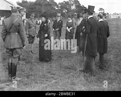Queen Alexandra at the Royal Aircraft Factory, Farnborough, July 3rd, 1915, where she named four of the aeroplanes furnished by the Overseas Club to the Royal Flying Corps. July 3rd, 1915, Stock Photo