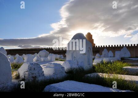 The cemetery at the Great Mosque of Kairouan, also known as The Mosque of Uqba, at sunset. Stock Photo