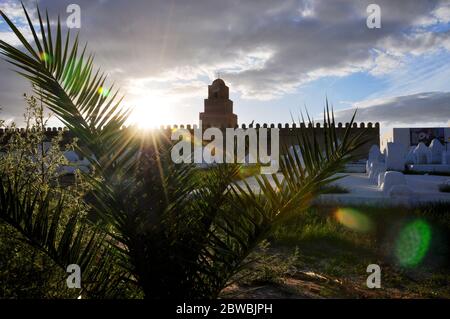 The cemetery at the Great Mosque of Kairouan (The Mosque of Uqba) at sunset. Stock Photo