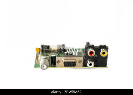 The Red,White and Yellow RCA connectors with antenna and DB9 connector on the back of the PCBA board. Stock Photo