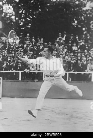 French Tennis Champion N Cochet the French Champion playing in the gentlemans singles of the French hard court championships at Paris . He defeated the holder M Samazeuilh  15 June 1922 Stock Photo