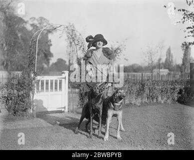 Mrs G Duller trains thoroughbred horses and alsatian wolfhounds at her residence at Epsom . Mrs Duller at her Epsom residence with two of her Alsatian wolfhounds . 26 October 1923 Stock Photo