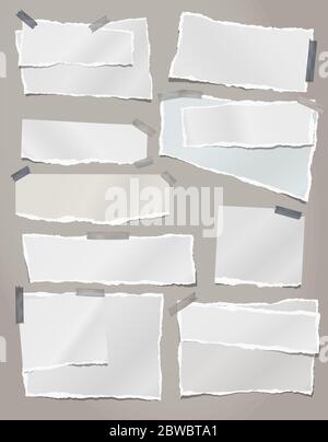 Torn white note, notebook paper strips and pieces stuck on grey background. Vector illustration Stock Vector