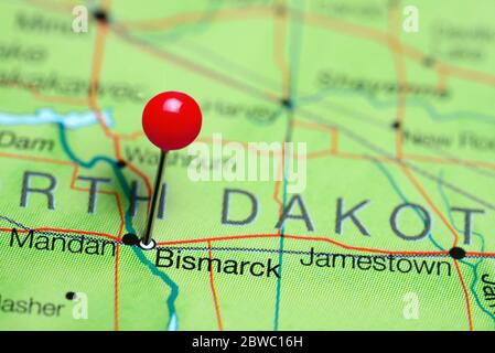 Bismarck pinned on a map of North Dakota, USA Stock Photo