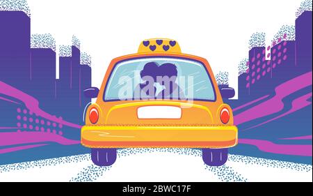 Taxicab with couple in cartoon style. Love taxi on flat city skyline background. Cab on road vector romantic illustration. Valentine day postcard. Purple poster with yellow car on street. Urban card. Stock Vector