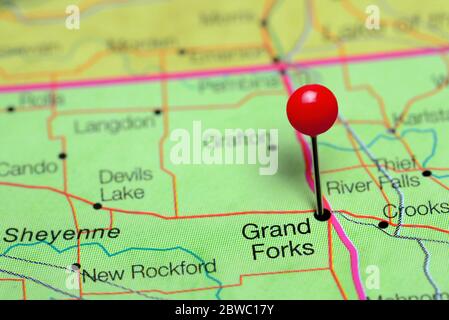 Grand Forks pinned on a map of North Dakota, USA Stock Photo