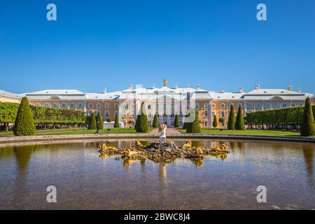 View of Peterhof Palace in Saint Petersburg Stock Photo