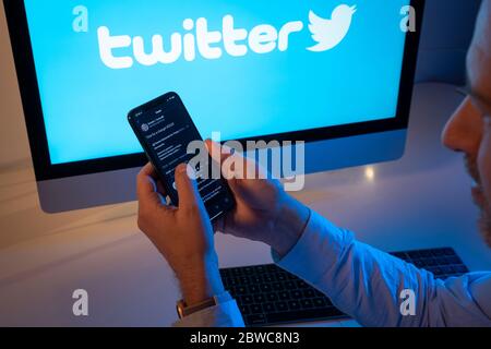 The Twitter feed of US president Donald Trump is seen in this illustration photo on May 30, 2020 in Warsaw, Poland. Stock Photo