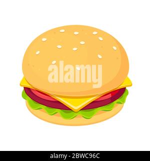 Burger clip art illustration in flat cartoon style. Isolated vector drawing of cheeseburger with lettuce and tomato on sesame seed bun. Stock Vector