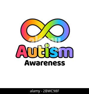 Autism awareness symbol, rainbow infinity sign and text. Autistic spectrum disorders and neurodiversity support. Stock Vector