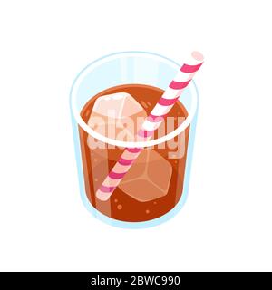 Cartoon soda glass with paper straw and ice cube. Classic fizzy drink, isolated vector clip art illustration. Stock Vector