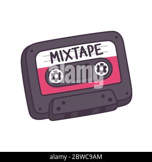 Cartoon retro audio cassette mixtape. Old school comic style drawing, isolated vector clip art illustration. Stock Vector