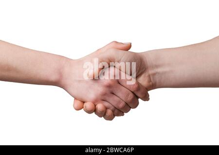 A man and a woman shaking hands, isolated on white background Stock Photo
