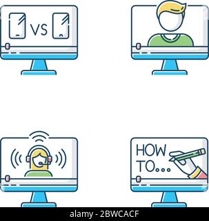 Online video watching RGB color icons set Stock Vector