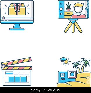 Filmmaking and Internet blogging RGB color icons set Stock Vector