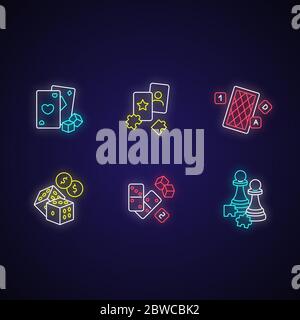 Gambling and intellectual games neon light icons set Stock Vector