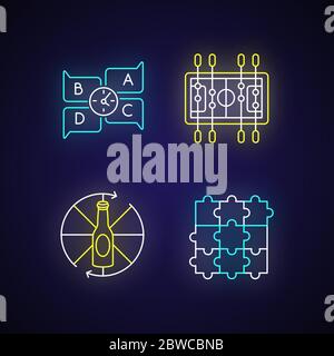 Friendly party games neon light icons set Stock Vector
