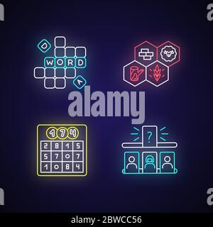 Recreational games neon light icons set Stock Vector