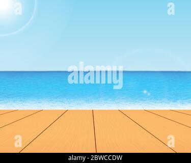 Summer background with wooden table on the beach. Stock Vector