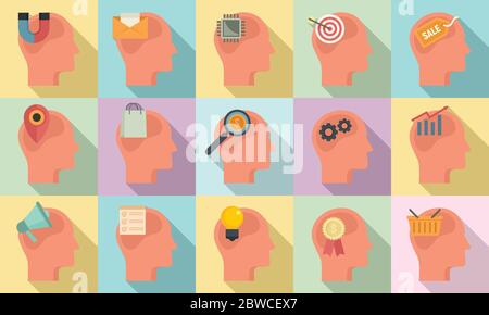 Neuromarketing icons set. Flat set of neuromarketing vector icons for web design Stock Vector