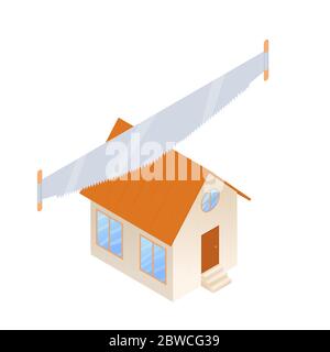 Property section concept vector illustration. two-handed saw cuts the house in half. real estate divide illustration isolated on white background Stock Vector
