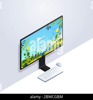 desktop computer monitor with keyboard and mouse realistic mockup gadgets and devices concept vector illustration Stock Vector