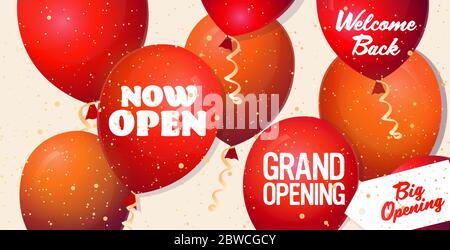 grand opening festive event invitation banner with red balloons and confetti welcome back big opening advertising campaign poster template horizontal vector illustration Stock Vector