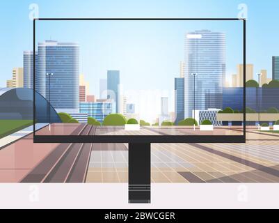 transparent monitor screen cityscape background realistic gadgets and devices concept horizontal vector illustration Stock Vector