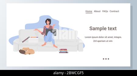 female student or businesswoman sitting on sofa girl in headset using laptop during video conference distance webinar online teaching concept horizontal full length copy space vector illustration Stock Vector
