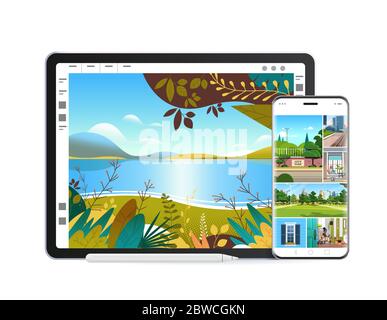 digital tablet and smartphone with beautiful wallpapers on screens realistic mockup gadgets and devices concept isolated vector illustration Stock Vector