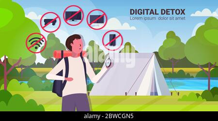 traveler with backpack holding compass gadgets in red prohibition signs digital detox concept guy hiker abandoning devices campsite background horizontal portrait vector illustration Stock Vector