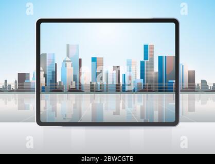 transparent tablet computer screen cityscape background realistic gadgets and devices concept horizontal vector illustration Stock Vector