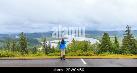 View of the Columbia River from parking lot at the Astoria Column in Oregon, USA. Stock Photo