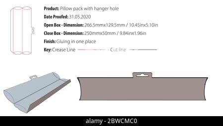 Pillow pack with hanger hole packaging design template gluing die cut - vector Stock Vector