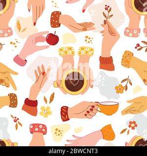 A seamless pattern consisting of womens hands in various gestures and with different objects and without. Flat style. Stock Vector