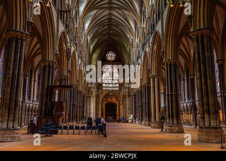 Arranging the Seating in the Main Aisle of Lincoln Cathedral Stock Photo