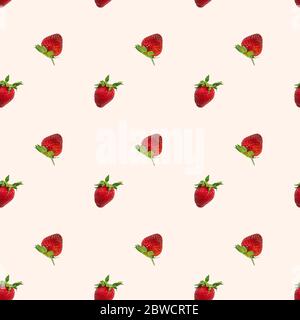 Lovely seamless pattern with fresh ripe strawberry on soft cream background Stock Photo