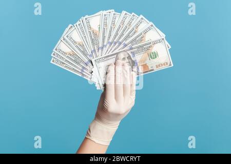 Profile side view closeup of human hand in white surgical gloves holding and showing fan of american dollar money in hand. indoor, studio shot, isolat Stock Photo